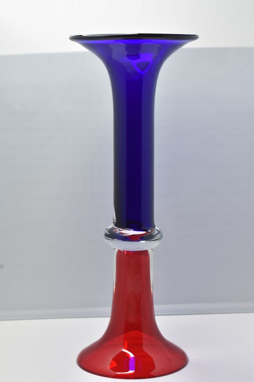 Murano Hand Blown Art Glass Red & Cobalt Blue Double Sided Trumpet Vase